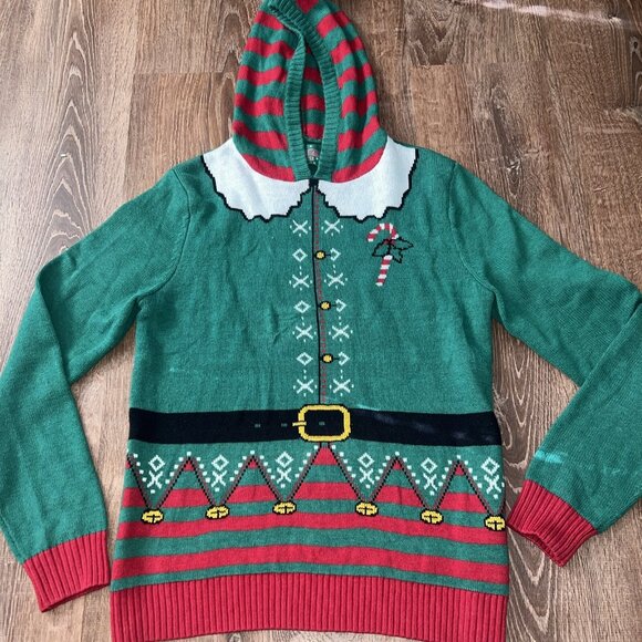 Ugly Christmas Sweater - Hooded Elf w/Pom Pom  (Medium) - Picture 8 of 9